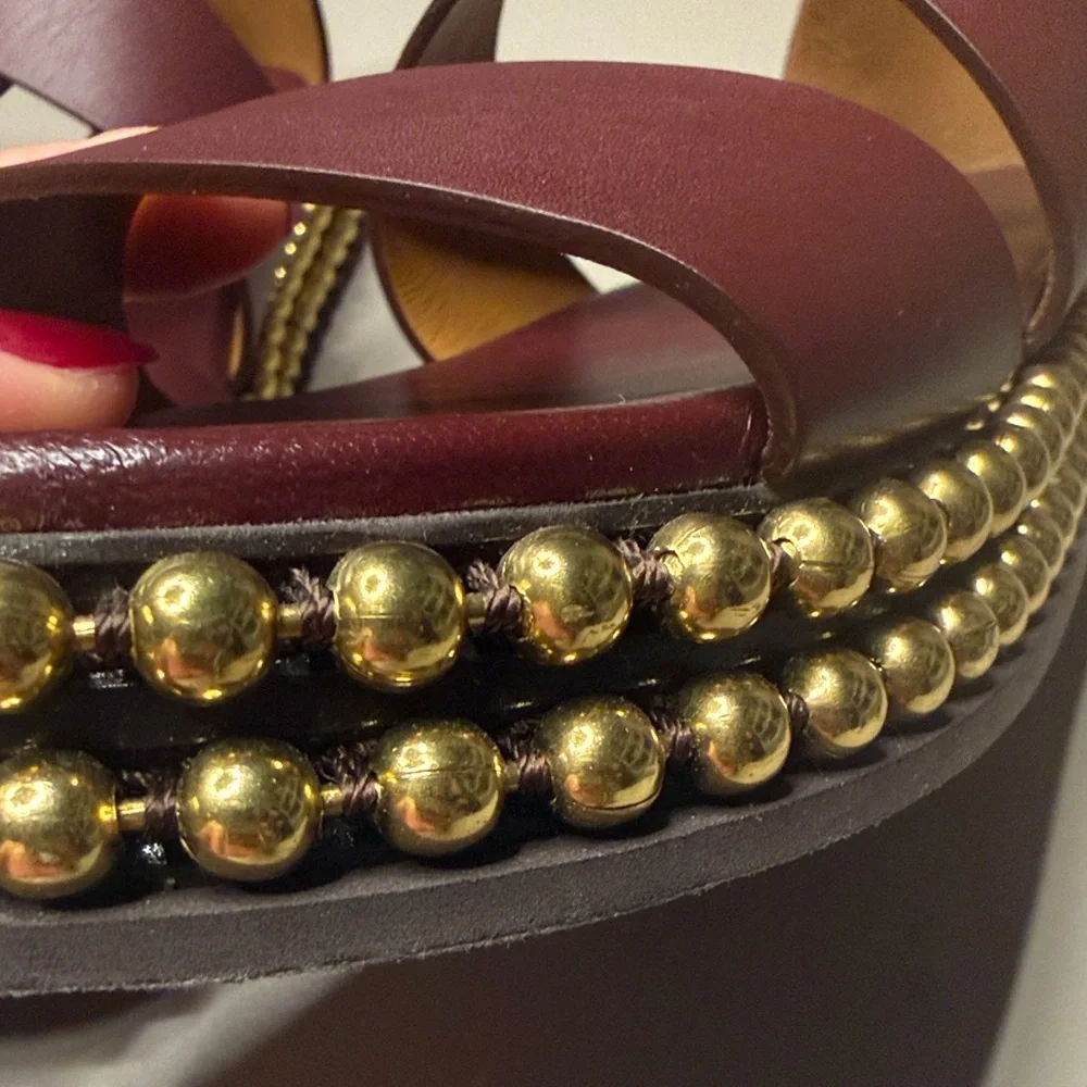 Chloé Burgundy Crisscross Leather Platform Sandals with Gold Bead Trim - Picture 9 of 12